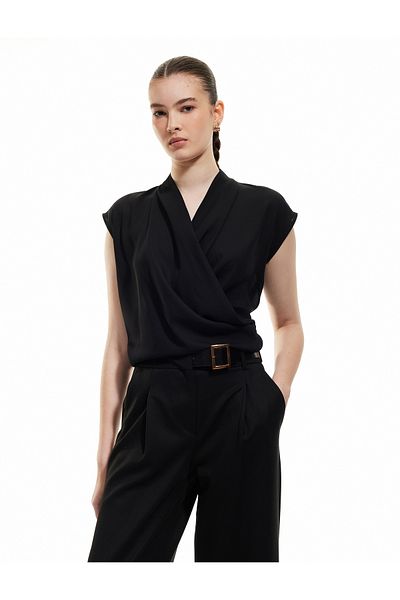 Koton Crepe Fabric Drape Detailed Sleeveless Double Breasted Blouse