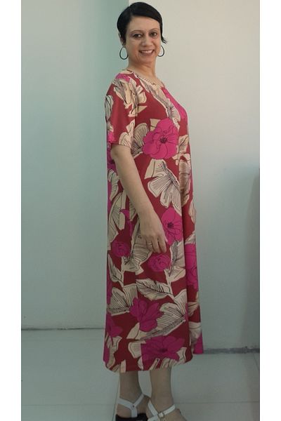 Mertcan Butik Pink Tile Flower Print Short-Sleeve Combed Viscose Dress