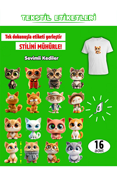 AGG Reklam Ütü ile Yapışan Kıyafet Etiketi Kediler 16lı Set