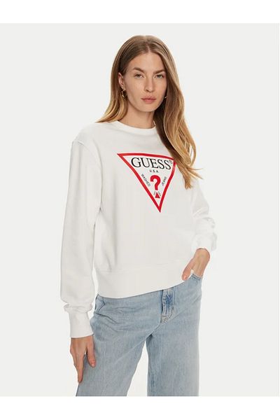 Guess Jeans Hanorac alb de damă cu logo triunghi mare Blugi Guess