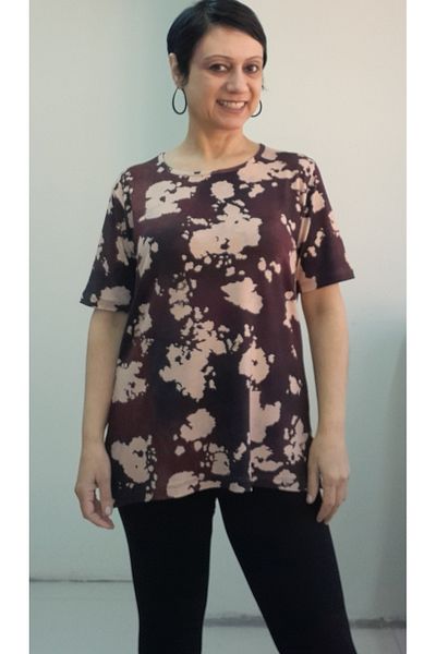 Mertcan Butik Black Brown Tie-Dye Pattern Short-Sleeved Viscose T-Shirt