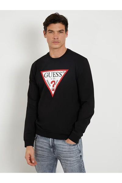 Guess Jeans Hanorac negru pentru bărbați, blugi Guess cu logo triunghi mare