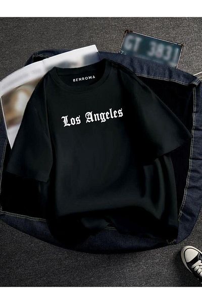 BENROMA 1 προϊόν δώρο για αγορές 6 και άνω Oversize Los Angeles Printed Unisex Tisort Printed