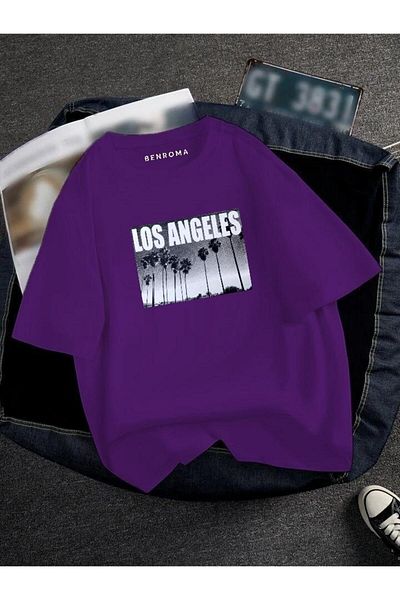 BENROMA 1 προϊόν δώρο για αγορές 6 και άνω Oversize Los Angeles Printed Unisex Tisort Printed