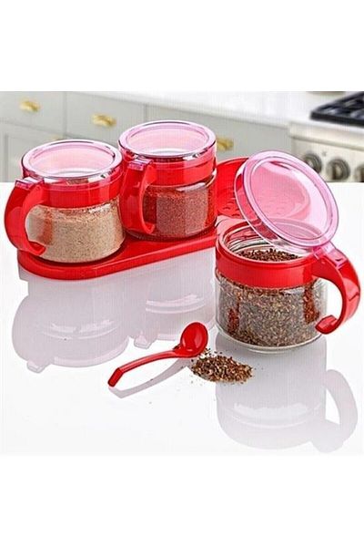 Skygo Red 3-Piece Glass Airtight Spice Rack Set with Lid and Spoon Kc-386