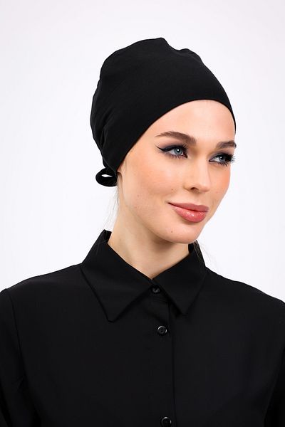 Loggia Seamless Black Combed Cotton Bonnet Women's Hijab Tie