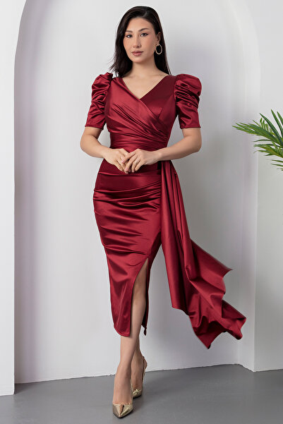 PULLIMM Kruvaze Yaka Prenses Kol Saten Abiye Elbise 39673