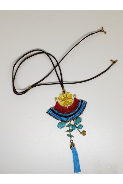mama india alaçatı Gold Flower Figured Macrame Ethnic Design Necklace with Turquoise Stone Tassels No 7,8