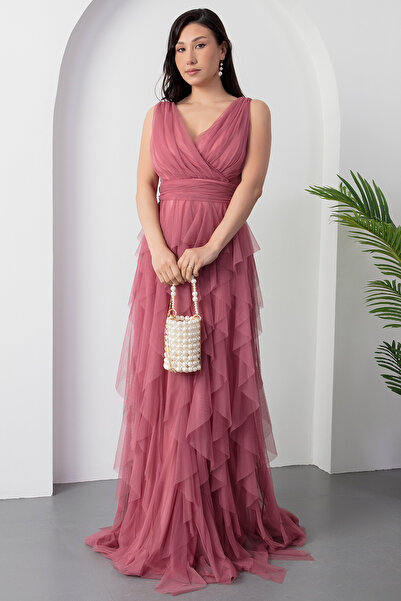 PULLIMM 13360 Μακρύ βραδινό φόρεμα με διπλό βολάν