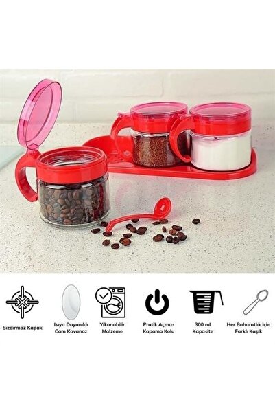 Skygo Kırmızı 3lü Standlı Kapaklı Kaşıklı Cam Hava Sızdırmaz Baharatlık Takımı  KC-386