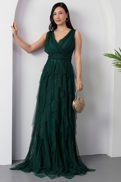 PULLIMM 13360 Double Breasted Ruffle Long Evening Dress