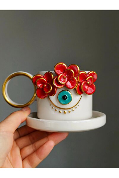 KOTYORA Kırmızı Çiçek Göz Hediyelik El Yapımı Seramik Duble Kahve Fincanı