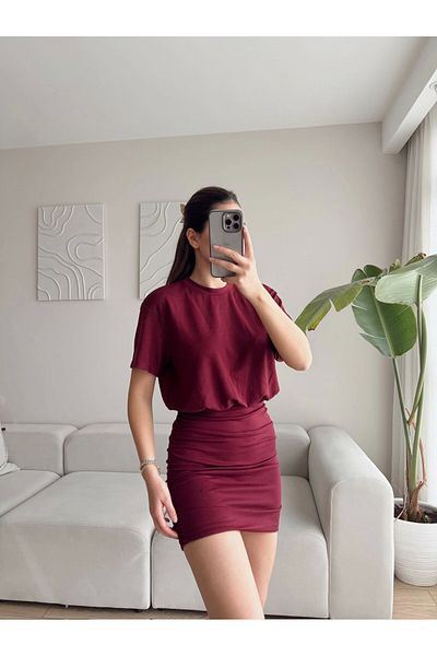 Zoom Butik Crew Neck Gathered Dress - Claret Red