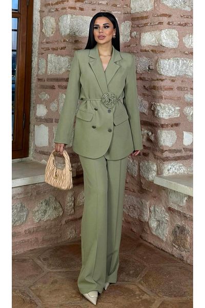 pembekurdelem Rose Detailed Jacket and Pantalon Suit Khaki
