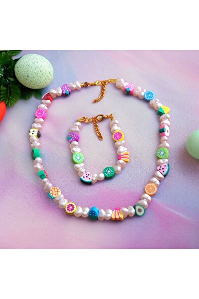 feyza collection مجموعة سوار قلادة على شكل فاكهة فيمو لؤلؤية