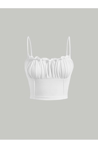 WEEST MODA White Mod Curved Chest Gathered Piping Strap Top Crop Alaçatı