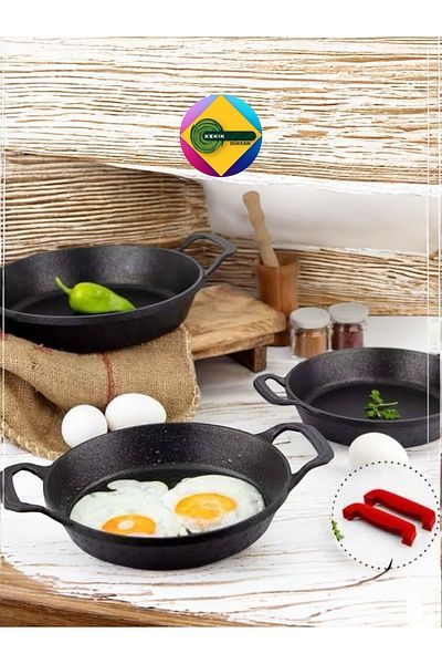 KEKİKDÜKKAN 3-Piece Cast Iron Granite Pan Set - Silicone Holder Gift