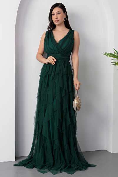 PULLIMM 13360 Μακρύ βραδινό φόρεμα με διπλό βολάν