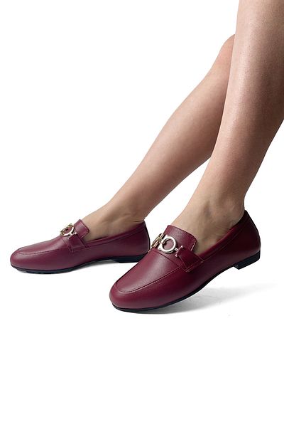 RABU Claret Red Women's 100% Genuine Leather Gold Buckle Moccasin Flat Flexible Sole Shoes