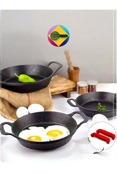 KEKİKDÜKKAN 3-Piece Cast Iron Granite Pan Set - Silicone Holder Gift