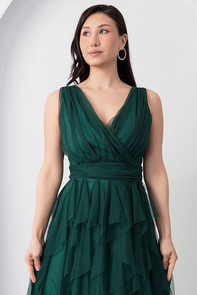 PULLIMM 13360 Double Breasted Ruffle Long Evening Dress