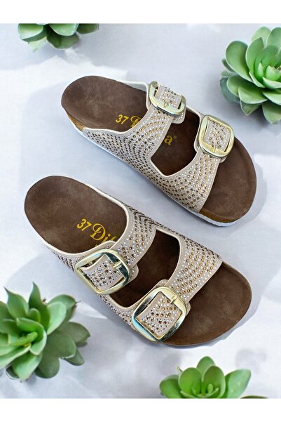Dilesa Beige Women's Stylish Stone Gold Buckle Comfortable Anatomical Sole Daily Slippers