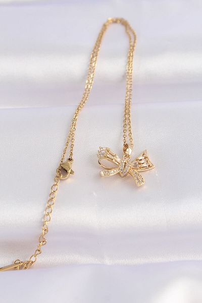 Skygo Gold Colored 316L Zircon Cubic Zirconia Bow Necklace - TJ-BKO8652