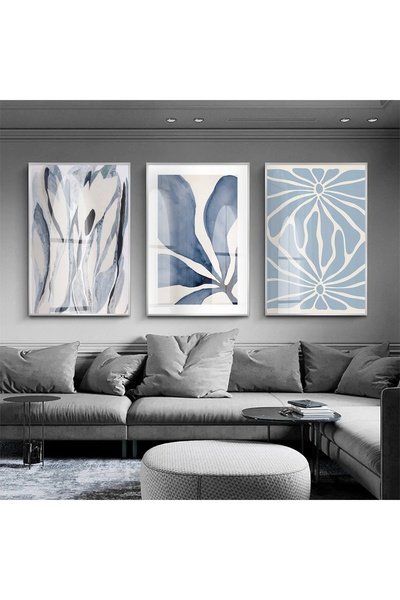 KOLAJTASARIM Bohem Tasarım Mavi Desenli Gümüş Metal Çerçeveli Cam Tablo