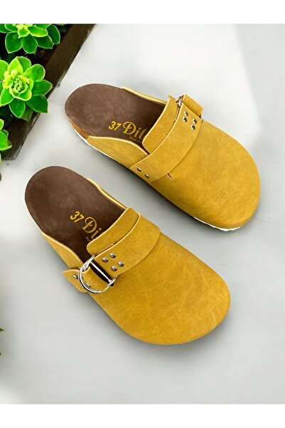 Dilesa Mustard Suede Staple Detailed Anatomical Cork Sole Daily Comfortable Women's Slippers