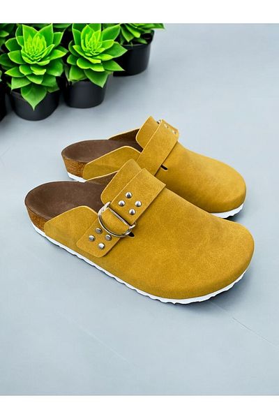 Dilesa Mustard Suede Staple Detailed Anatomical Cork Sole Daily Comfortable Women's Slippers