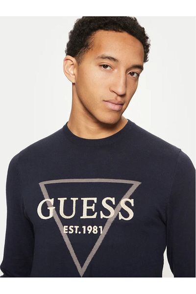 Guess Jeans Pulover bărbați albastru închis cu logo triunghi mare Blugi Guess