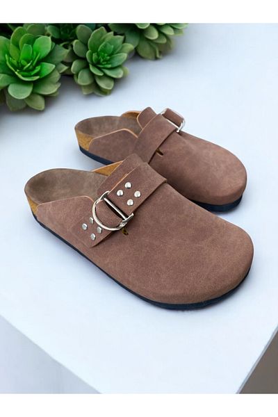 Dilesa Tan Suede Staple Detailed Anatomical Cork Sole Daily Comfortable Women's Slippers