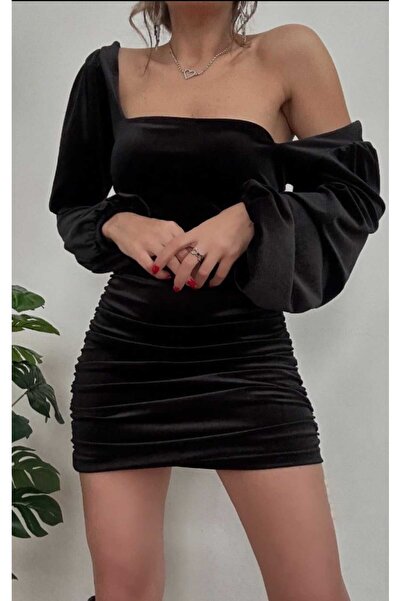 GüneşIşığı Balon Kol Arkası Büzgülü Siyah Elbise-Balo-Davet-Düğün-Mezuniyet