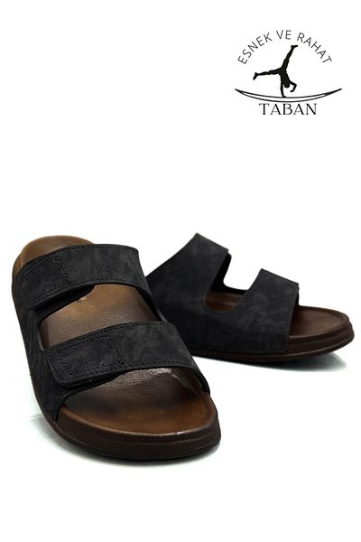 Moda Anna Ανδρικές παντόφλες πλάτους ελαστικές δερμάτινες 25103 C Μαύρες, διπλές αγκράφες διαφημιστή
