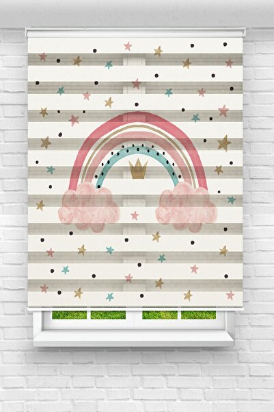 vanilyahome Çocuk Odası - Renkli Gökkuşağı Ve Yıldızlar Baskılı Zebra Stor Perde