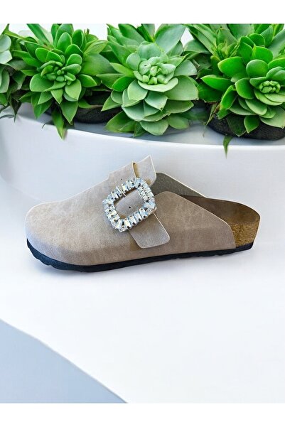 Dilesa Beige Women's Comfortable Stylish Daily Orthopedic Cork Sole Stone Buckle Daily Comfortable Home & Outdoor Slippers