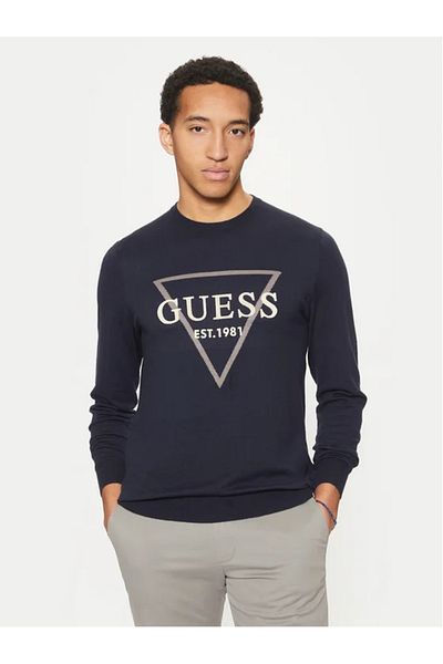 Guess Jeans Pulover bărbați albastru închis cu logo triunghi mare Blugi Guess