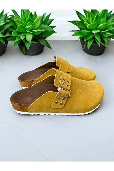 Dilesa Mustard Suede Staple Detailed Anatomical Cork Sole Daily Comfortable Women's Slippers
