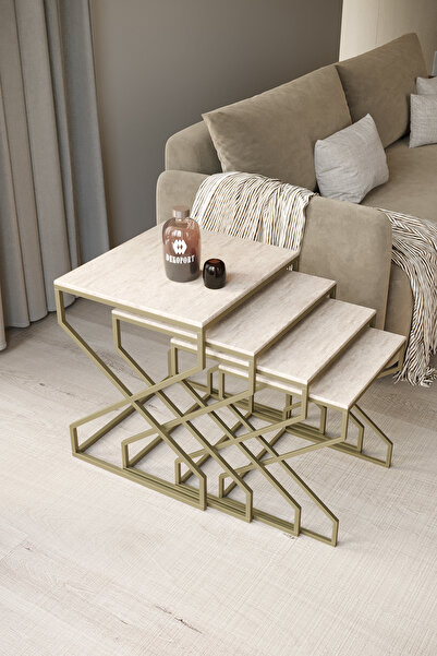 Dekoport Ela 4lü Zigon Sehpa Yan Sehpa Pirinç Eskitme Rengi Traverten Desen Mdf Membran