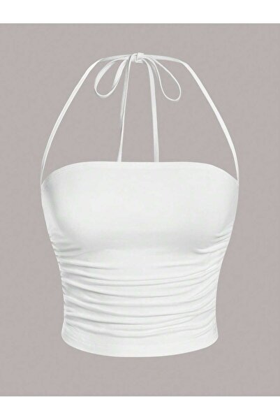 WEEST MODA Beyaz Plise Halter Bagcikli Yaka Kolsuz Tank Üst Crop Alaçatı
