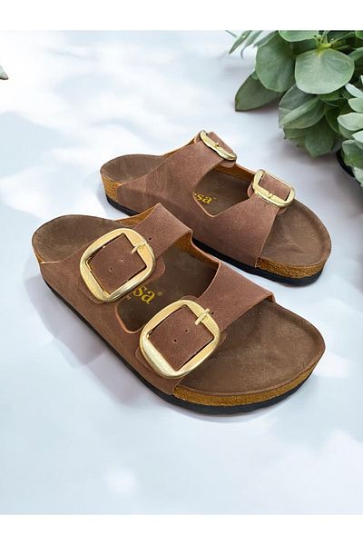 Dilesa Tan Women's Orthopedic Slippers - Gold Buckle, Double Banded, Buckle, Casual Comfortable Home & Outdoor Slippers