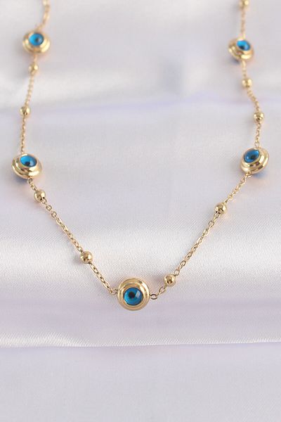 Skygo 316L Steel Chain Gold Color Evil Eye Beaded Necklace - Tj-Bko8646