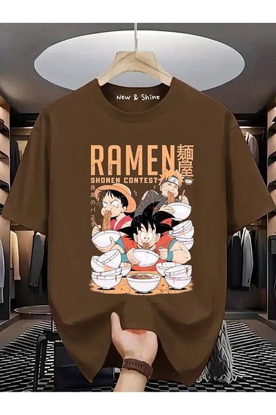 New Shine ΤΡΙΑ ΑΝΙΜΕ ΠΟΥ ΤΡΩΝΟΥΝ RAMEN Τυπωμένο μπλουζάκι Oversize