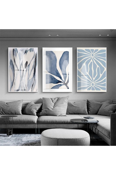 KOLAJTASARIM Bohem Tasarım Mavi Desenli Beyaz Metal Çerçeveli Cam Tablo /S