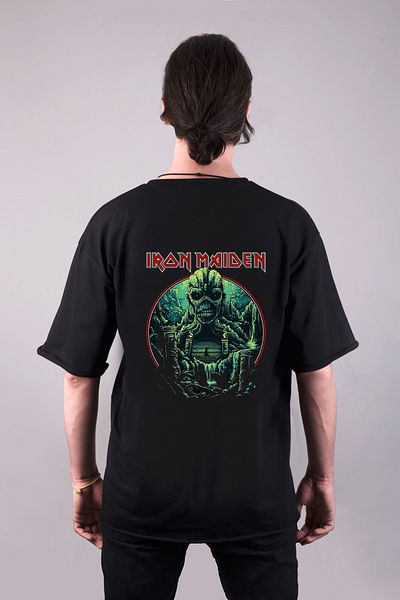 sielta Tricou negru cu mânecă oversize cu imprimeu Iron Maiden Music Band
