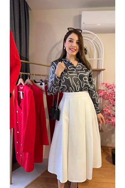 Fidan Women's Midi Length Summer Skirt Pleated White Thick 85cm (Take Your Own Size)
