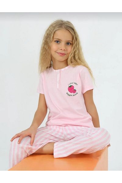 Elidabutik Pink Short-Sleeve 100% Cotton Strawberry Sleepwear Set