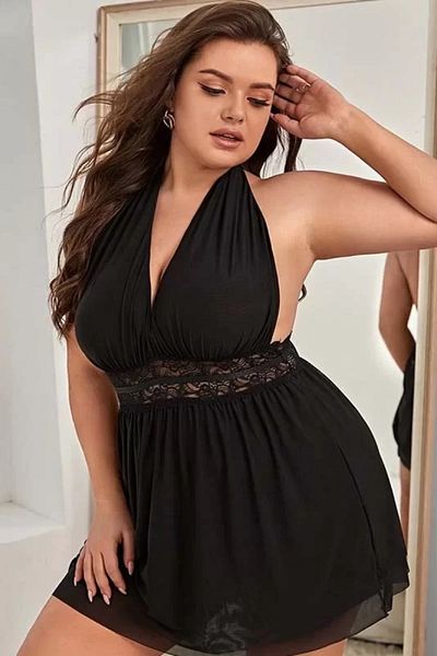 ıncıgece Plus Size Backless Women's Stylish Mini Tulle Nightgown