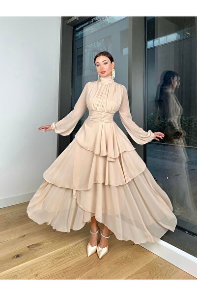 Afiş Butik Bej Şifon Kat Etekli Tül Kollu Piliseli Elbise