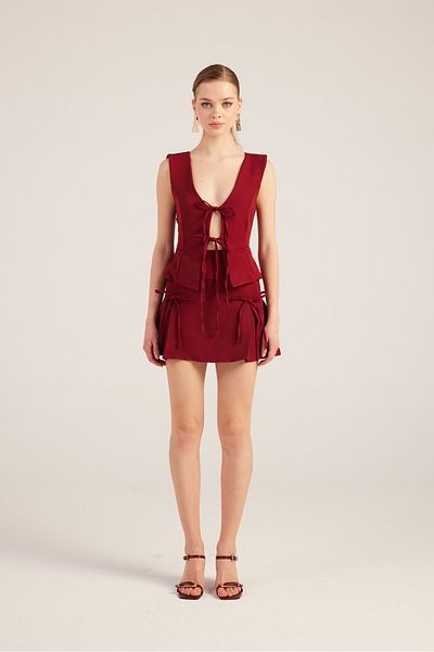 HOLLY LOLLY Burgundy Mini Elena Short Skirt with High Waist Pleats and Ribbons